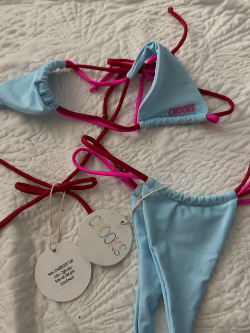 Boutine LA Light Blue Triangle Bikini with Pink & Red Straps